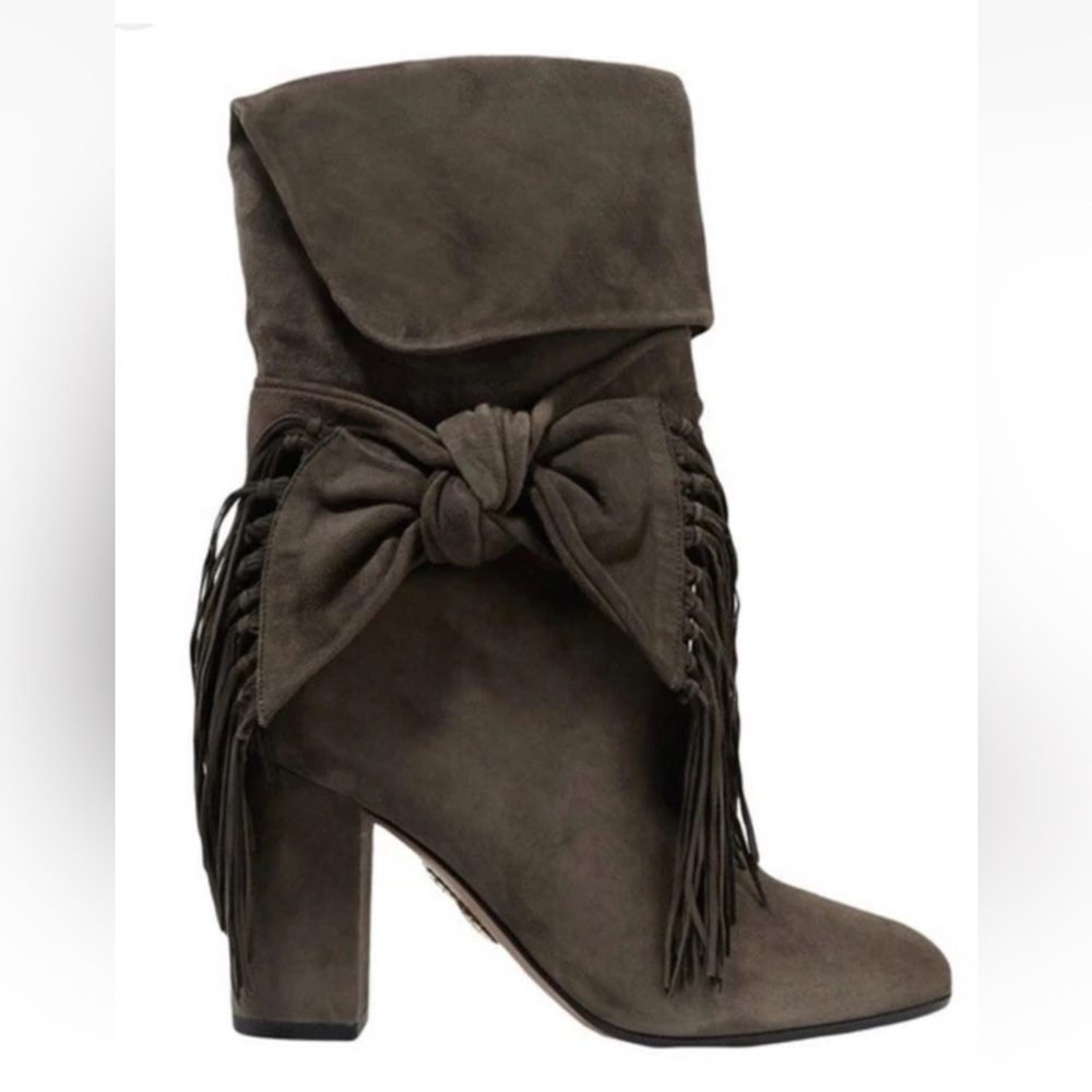 Aquazzura Brown Taupe Suede Boots  Booties with Bow and Fringe Block Heel 7
